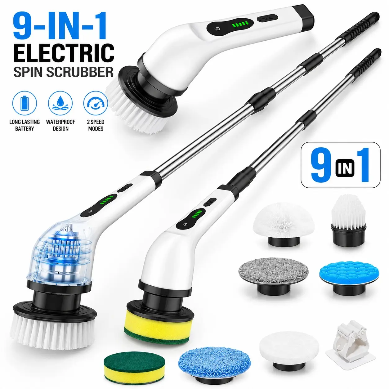 9-in-1 Cordless Electric Spin Scrubber with Extendable Handle, Rechargeable Power Brush, Digital Display, 3 Speed Settings for Bathroom, Tile Floor, Kitchen Cleaning