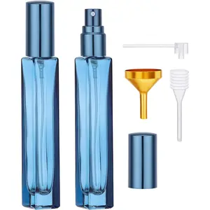 0.34oz Glass Mini Perfume Spray Bottles, 2 count 10ml Travel Perfume Bottle Refillable Atomizer, Dark Blue Travel Size Refill Bottle with Funnel and Dropper, Glass Cologne Sprayer Atomizer