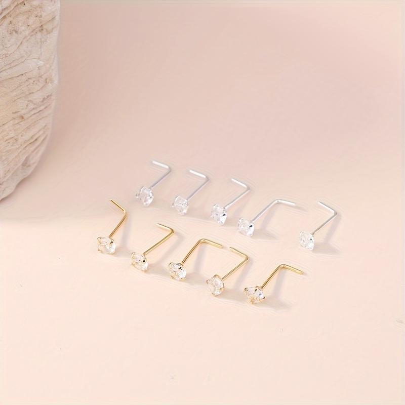 5Pcs Classic Golden/Silvery Nose Rings Ear Studs Boho L-shaped Nose Nostril Piercing Body Jewelry Women 3mm Shiny Cubic Zirconia Nose Screw Ear Stud Ring L-shaped Nose Stud Set