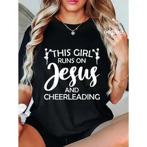 100% Cotton Cool Cheerleader Art For Women Girl Cheerleading Jesus Cheer T-Shirt Christ Christian Tops