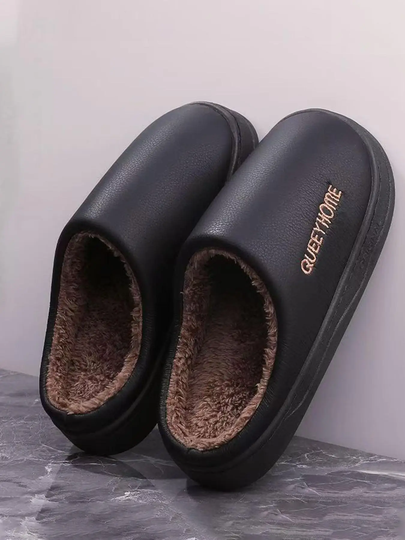 Men's Embroidering Letter Pattern Plush Slippers, Casual Soft Comfortable Home Slippers for Fall & Winter, Fluffy Fall & Winter House Shoes for Indoo