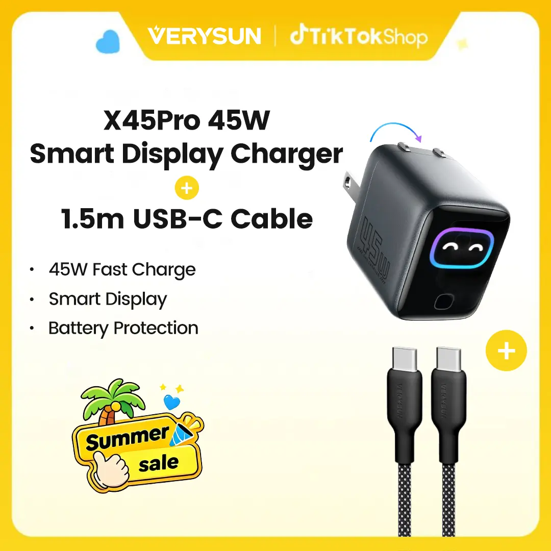 Verysun Smart Display Charger 45W Fast Charging with LED Display, 1.5 m USB-C to USB-C Cable Included, Switchable Charging Modes for Battery Health, Compact Foldable Plug, All-in-One for iPhone, iPad, MacBook, Type-C Charger, Summersales