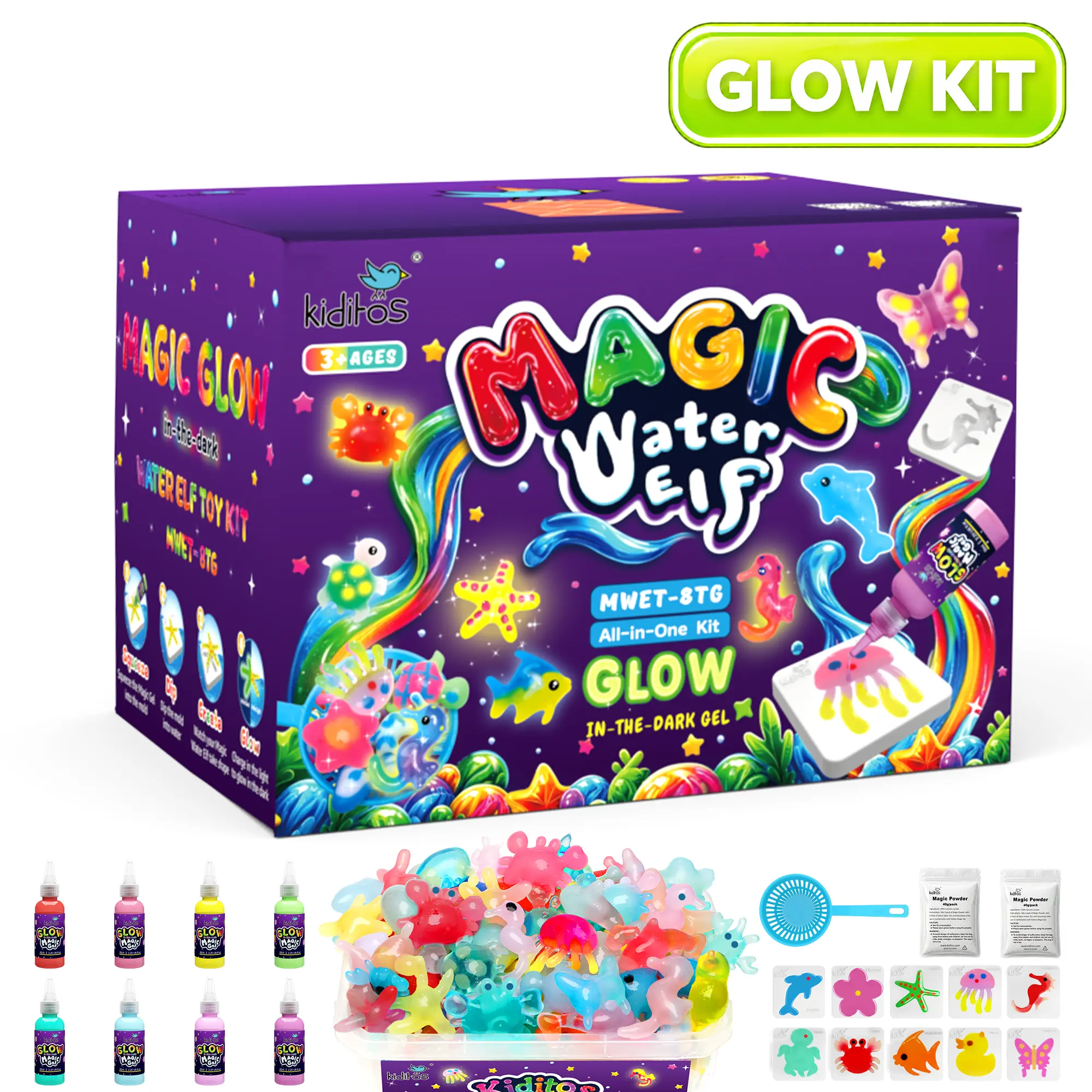 Kiditos Glow in the Dark Magic Water Elf Kit, 8 Glow Gels & 10 Molds, DIY Aqua Gel Craft Toy Ages 3+
