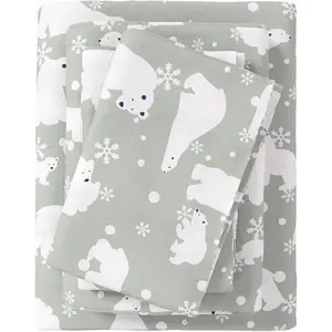 Flannel Sheet Queen Size - 100%, Double-Brushed, Winter - Ultra-,, 4-Rustic (Grey Polar Bears)