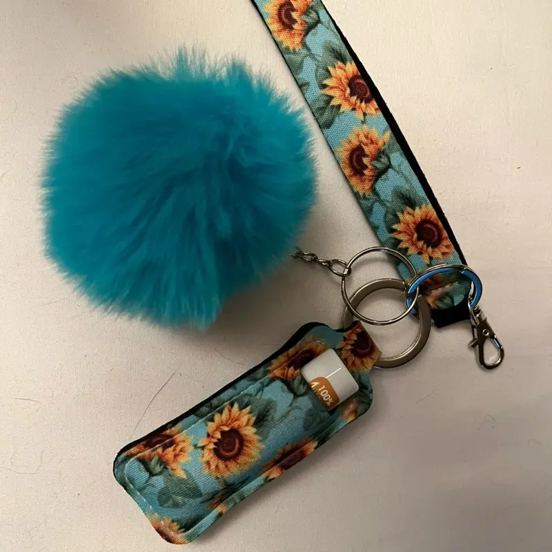 Boho Sunflower Wristlet Keychain with Chapstick Holder and Pink Pompom - Practical Everyday Accessory for Cars, Purses, and More
