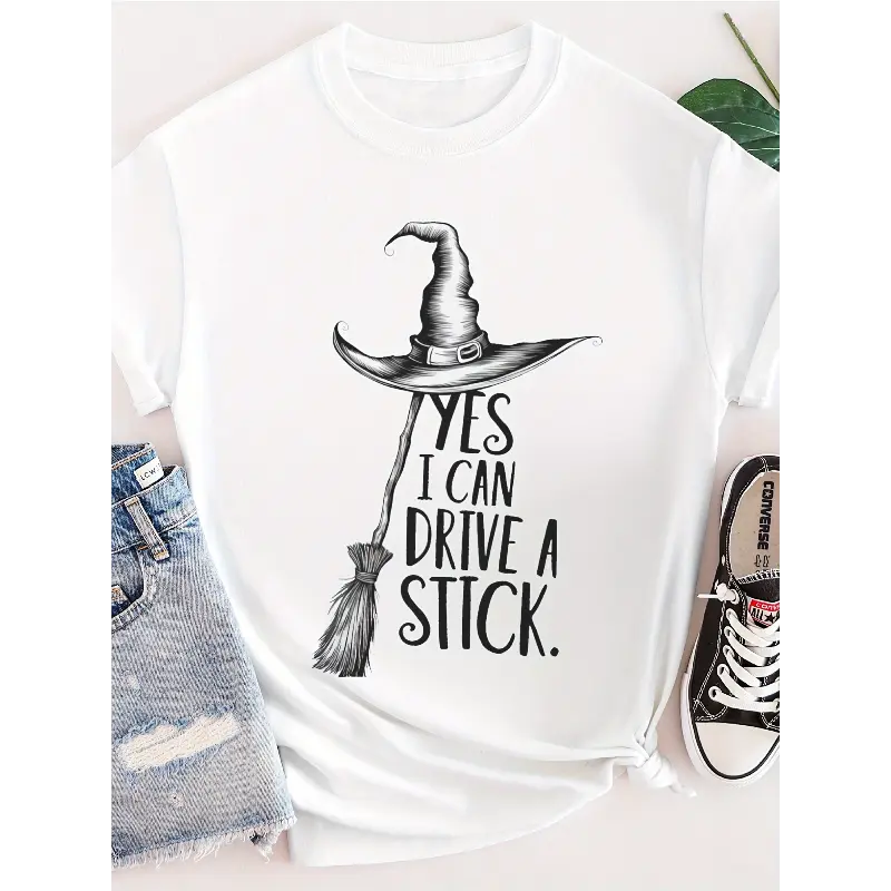 Witch Graphic Print Pure Women's T-Shirt - Comfort Fit, Round Neck, Casual Spring/Summer Tee with Playful "Yes I Can Drive a Stick" Design, Black, Smooth Texture, Regular Length, Ladies T Shirts