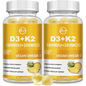 Vitamin D3 K2 Gummies, Vitamin D3 10000IU, K2 (MK-7) 200mcg, 6-in-1 Vitamina D3 con K2 Supplement with Omega-3 for Women and Men - Bones, Teeth & Immune Support, Sugar Free, 2 Pack