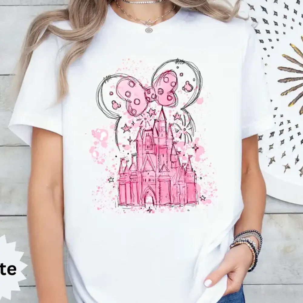 Pink Watercolor Castle Shirt, Fairytale Family Vacation Tee, Matching Travel Shirt, Birthday Girl Gift