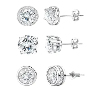 3 pair Earring 18K Gold Plated Set for Men and Women.Cubic Zirconia Stud Earrings Hypoallergenic 925 Sterling Silver， Features VVS - cut round and square gemstone earrings.