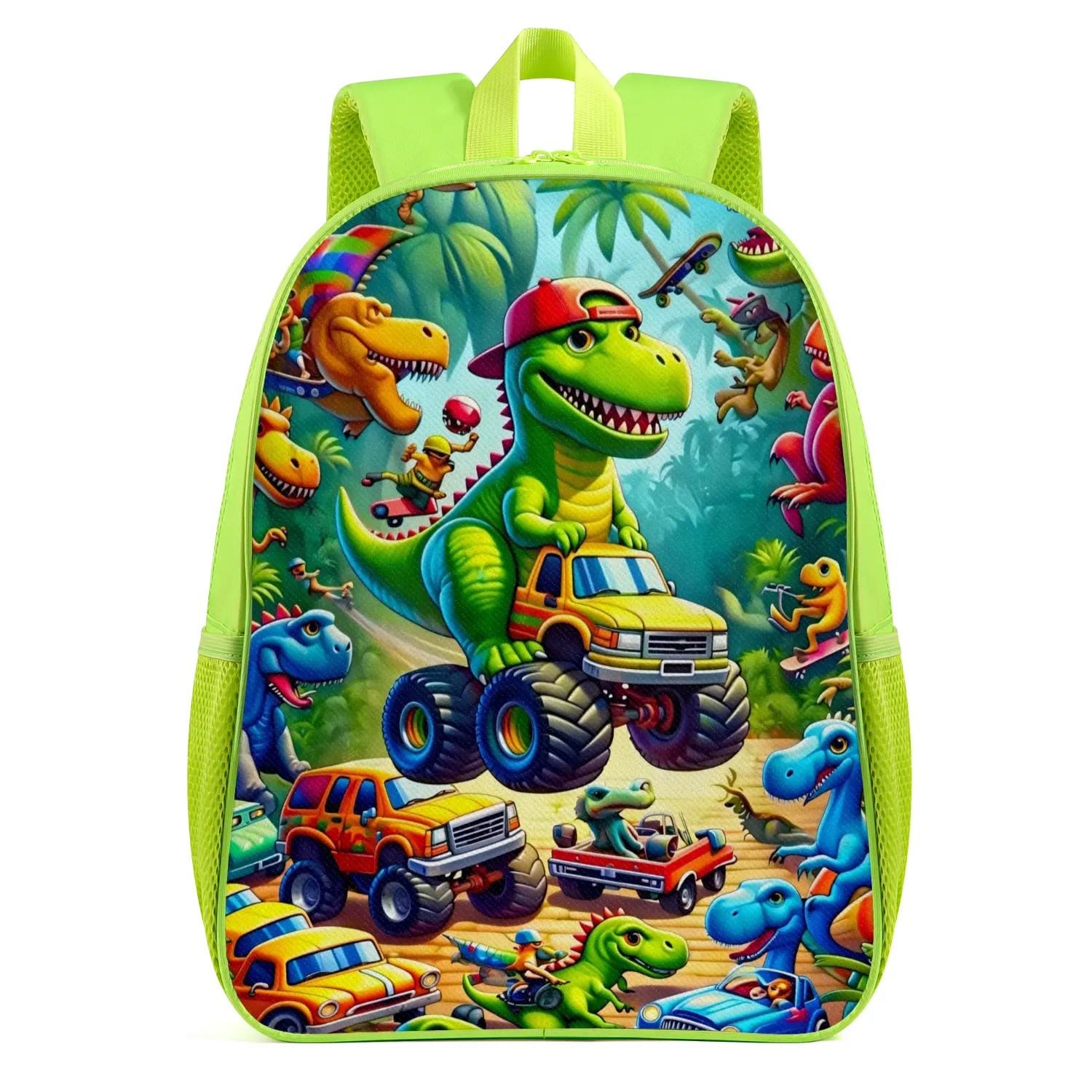 Dinosaur Adventure Backpack for Kids - Bright Green with Fun Monster Truck and Dinosaur Designs - Perfect for School and Playtime
