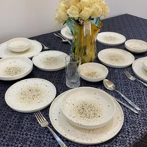 Rustic Beige Porcelain Dinnerware Set: Serving Bowls & Plates