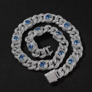 M3-9168 Blue Accent Cuban Link Chain – Bold Hip-Hop Statement Necklace with Central Accents, Streetwear Vibe for Men & Women, Perfect for Stage & Everyday Flex summerwins
