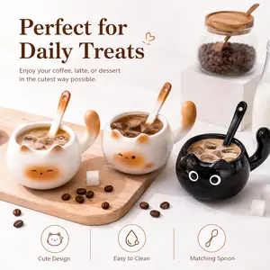 Adorable Cat Ceramic Coffee Cup with Spoon - Cute Kitty Mug, Multi-Use for Coffee, Latte, Tea & Dessert, Kawaii Aesthetic Desk Decor, Food-Safe & Easy to Clean, Perfect Gift for Cat Lovers & Girls