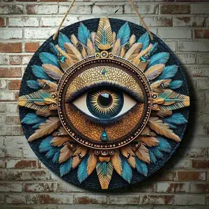 1PC 2D Plane - Vintage Eye Theme Round  Wall Art Sign, Exquisitely Carved Feather and Tear Drop Design - 8x8inch| A perfect holiday creative gift