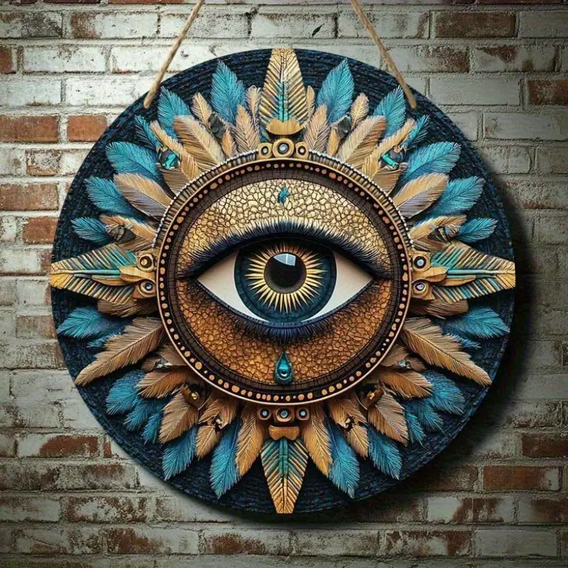 1PC 2D Plane - Vintage Eye Theme Round  Wall Art Sign, Exquisitely Carved Feather and Tear Drop Design - 8x8inch| A perfect holiday creative gift