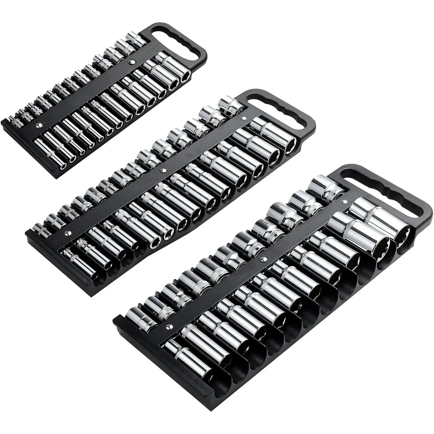 Magnetic Socket Organizer Set, 3-Piece Black Portable Magnetic Socket Holder Tray, Heavy Duty Socket Racks For 1/2-inch& 3/8-inch& 1/4-inch Drive, Hold 76 Sockets - Fit Shallow&Deep Sockets
