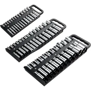 Magnetic Socket Organizer Set, 3-Piece Black Portable Magnetic Socket Holder Tray, Heavy Duty Socket Racks For 1/2-inch& 3/8-inch& 1/4-inch Drive, Hold 76 Sockets - Fit Shallow&Deep Sockets