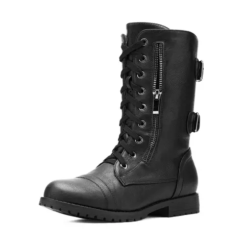 Dream Pairs Women's Casual Utilitarian Mid-Calf Combat Boots - Faux Fur Lined, Lace-Up, Lightweight, Breathable, Slip-Resistant, Khaki Winter Footwear with Side Zipper Pocket, TPR Outsole, Side Zipper, Walking Shoes for Back to School
