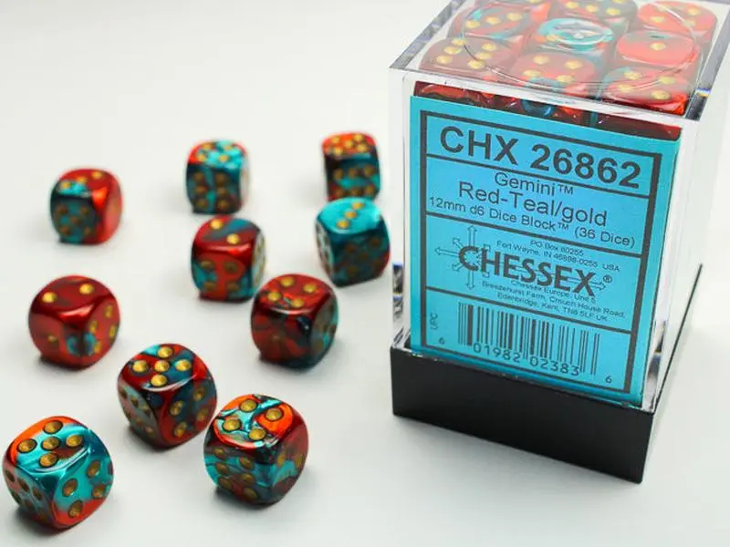 Gemini (Red-Teal/Gold) Chessex Brand 12mm D6 Dice Set 36ct.