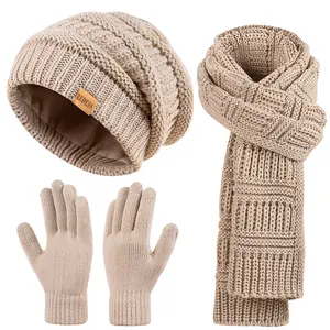 Women's winter warm and comfortable three-piece suit loose knit hat thick scarf and wool touchscreen gloves