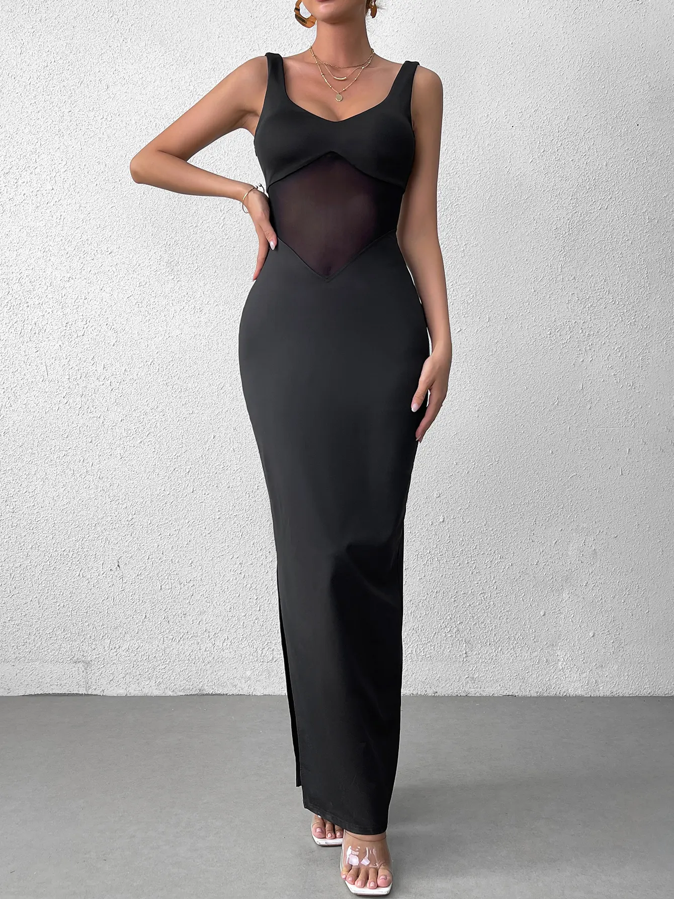Parthea Backless Mesh Spliced See Through Split Bodycon Cami Dress,Sexy Party Fashion Bodycon Long Dress