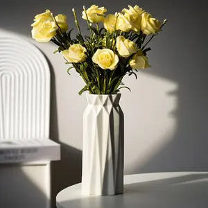 7in minimalist white vase - geometric line design - essential home decor - Table Decor - perfect for living room/study/bedroom - ideal for dried/fresh flowers - enhances space aesthetics - creates cozy ambiance - matches nordic/modern style