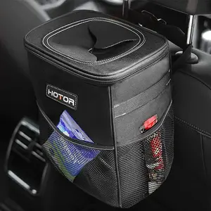 Car Leak-Proof Trash Can with Lid and Storage Pockets Multipurpose Trash Bin for Car, 2 Gallons, Black