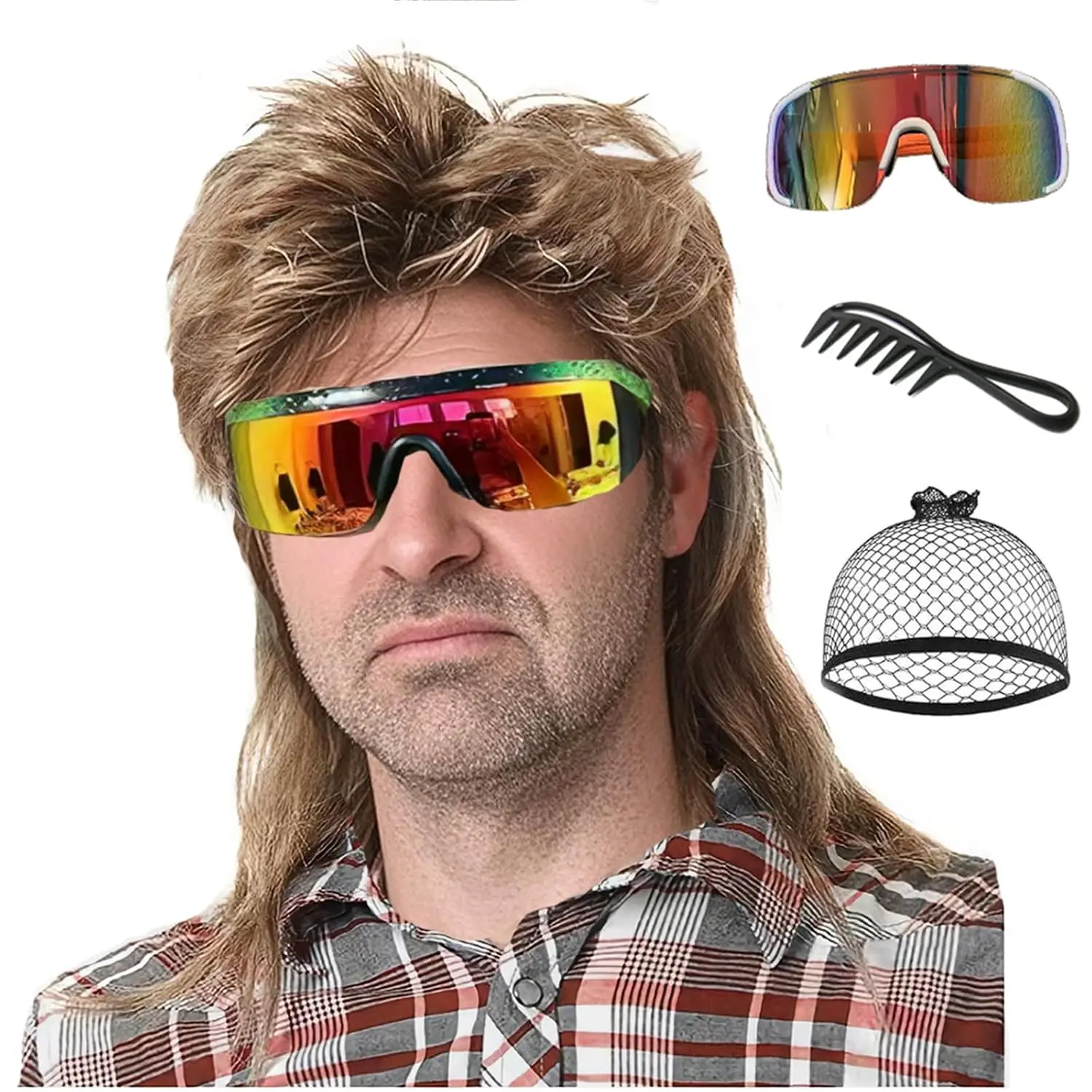 Mullet Wig for Men,80s Retro Punk Rocker Synthetic Costume Wig,Halloween Cosplay 70s 90s Theme Party Heavy Metal Fancy Dress Accessory,Light Brown