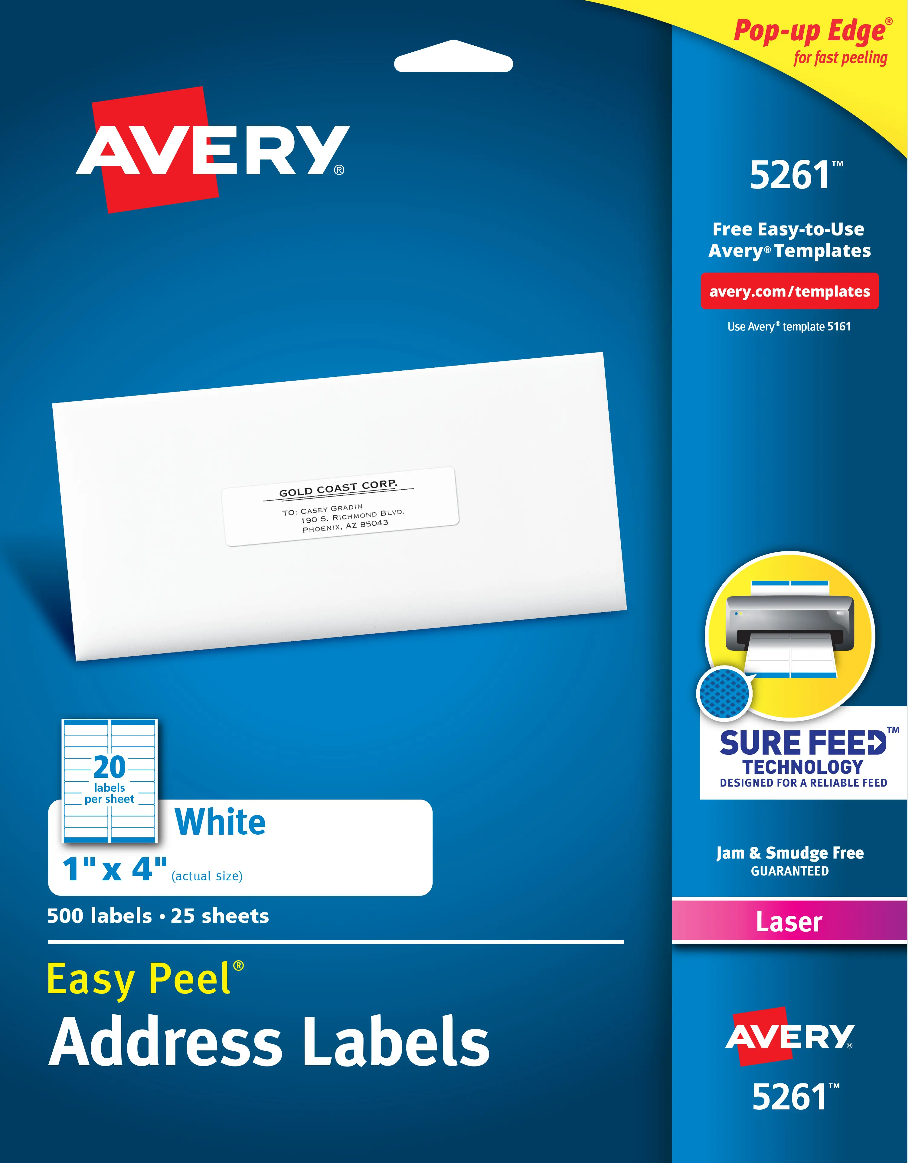 Avery Easy Peel Address Labels, Sure Feed Technology, Permanent Adhesive, 1" x 4", 500 Labels (5261)