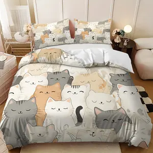 3-piece bedding set - Multi-colored down comforter set with densely arranged cat pattern (1 comforter cover + 2 pillowcases, filling not included). A perfect gift for family and friends, soft and comfortable, suitable for family bedrooms and guest rooms.