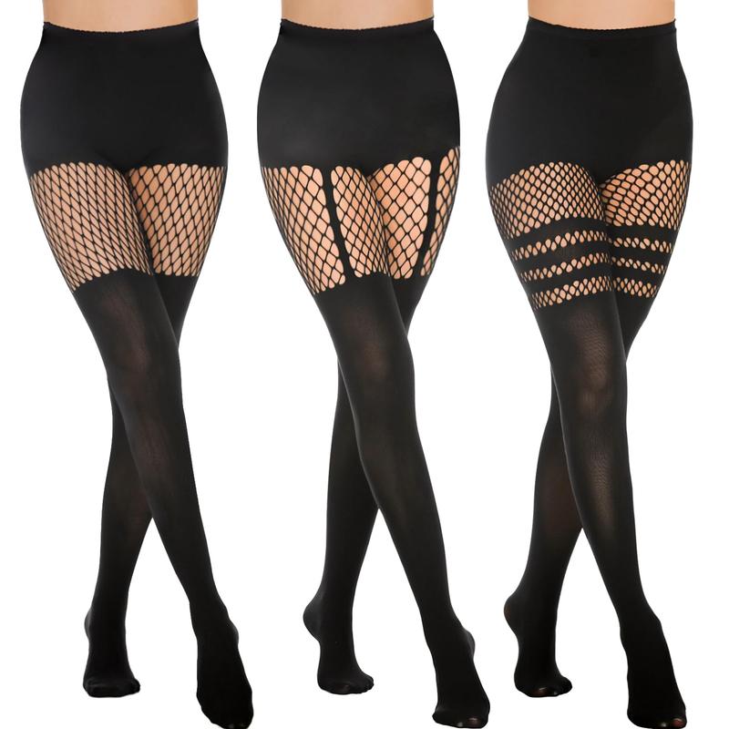 TIVIRA Mock Thigh High Stockings For Women SexyFishnet Tights Suspender Pantyhose 3 Pairs Lace Costume Tights Womenswear Socks Illusion Stockings Leg Lengthening Magic