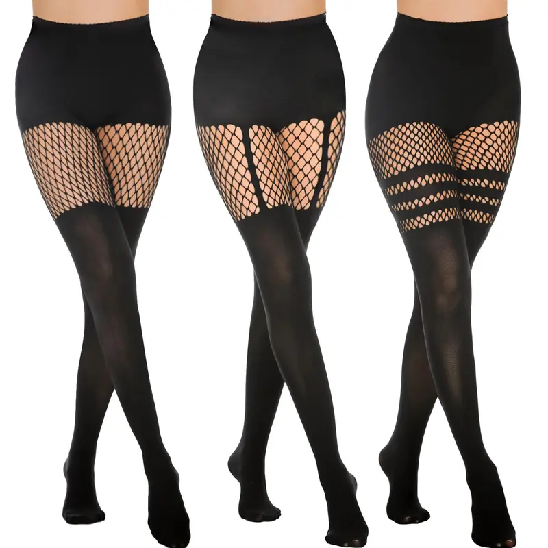 TIVIRA Mock Thigh High Stockings For Women SexyFishnet Tights Suspender Pantyhose 3 Pairs Lace Costume Tights Womenswear Socks Illusion Stockings Leg Lengthening Magic