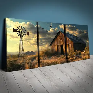 Canvas Wall Art Set of 3 Barns & Windmills Prints, 30x40 Cm, Framed Home Decor for Living Room, Coffee Shop, Office, Luxury Hanging