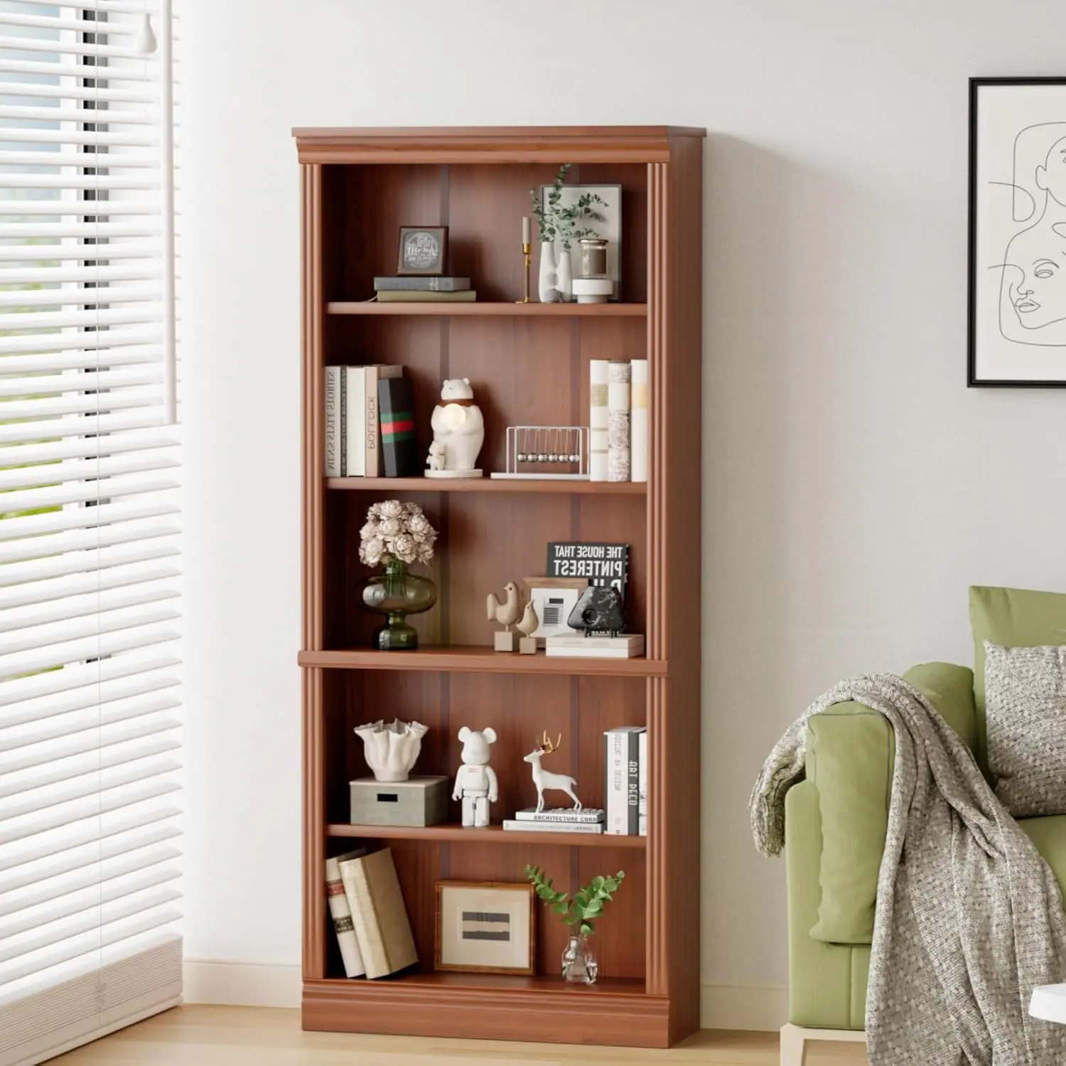Furmax 72" Tall Bookcase, 5-Tier Wooden Bookshelf with Open Storage Shelves, Freestanding Book Shelf Display Cabinet Organizer for Living Room, Home Office, Bedroom, Study Room,Brown
