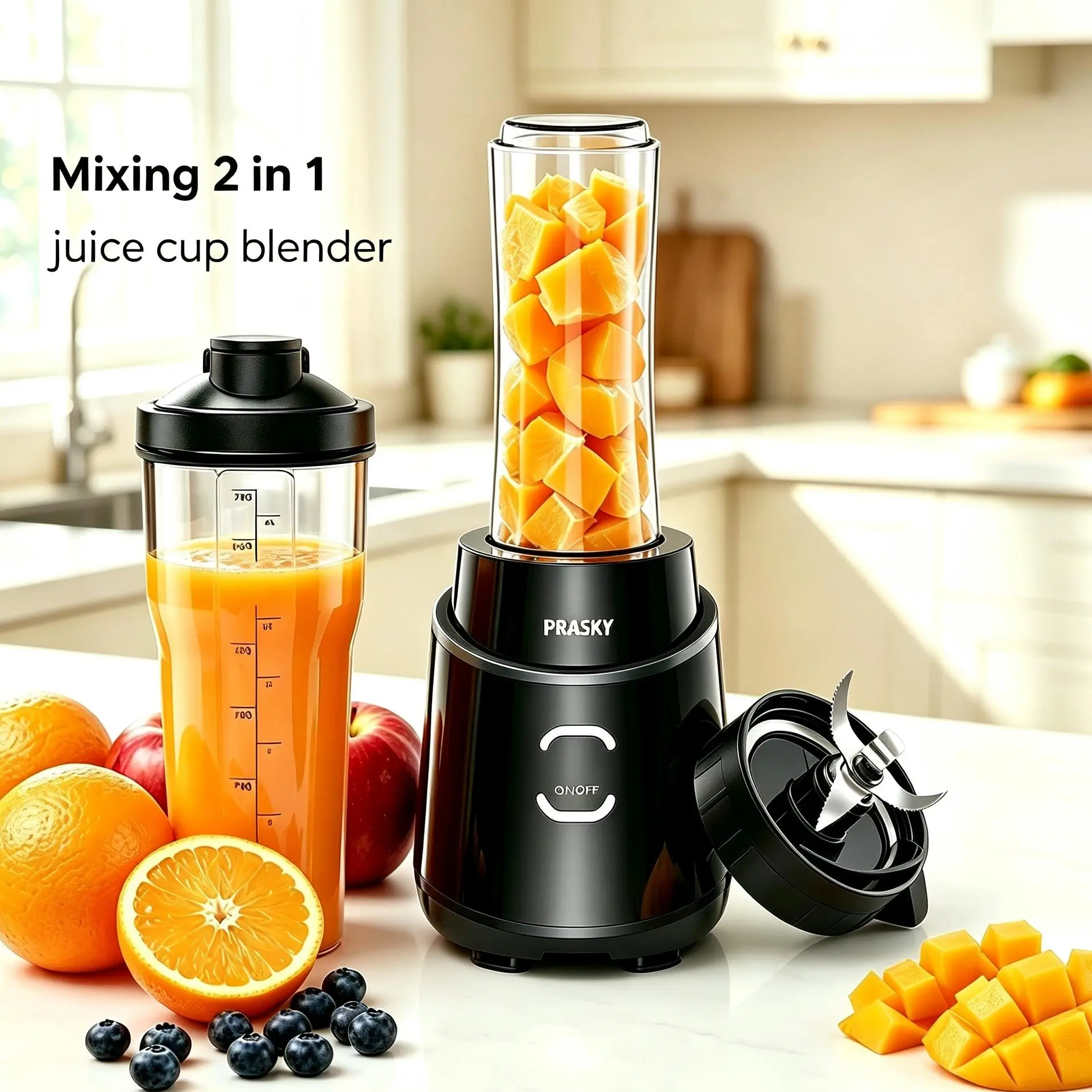 Prasky Pro Smoothie Blender 900W – 2 Portable Cups(20oz + 24oz), Frozen Fruit，Crushes Ice & Nuts, Easy Clean, Home/Gym/Office