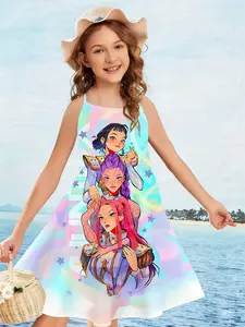 Girls' K-Pop Summer Strapless Dress, Cartoon Group Print Sleeveless Dress, Casual Vacation Breathable Creative 3D Printed Dress