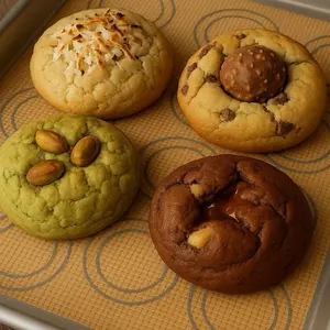 4 cookies/ 4 Flavors Tripe chocolate, pistacho dubai,Ferrero chocolate chip,dulce de leche con coco