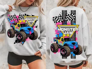 Monster Jam Truck Circus Racing YOUTH and ADULT Shirt, Colorful Checkered Flag Truck Graphic Front Back Fan Gift, Youth Clothes, Game day shirt, Youth shirt, Family outfit, Trending shirt, Perfect Gift for Boy and Girl