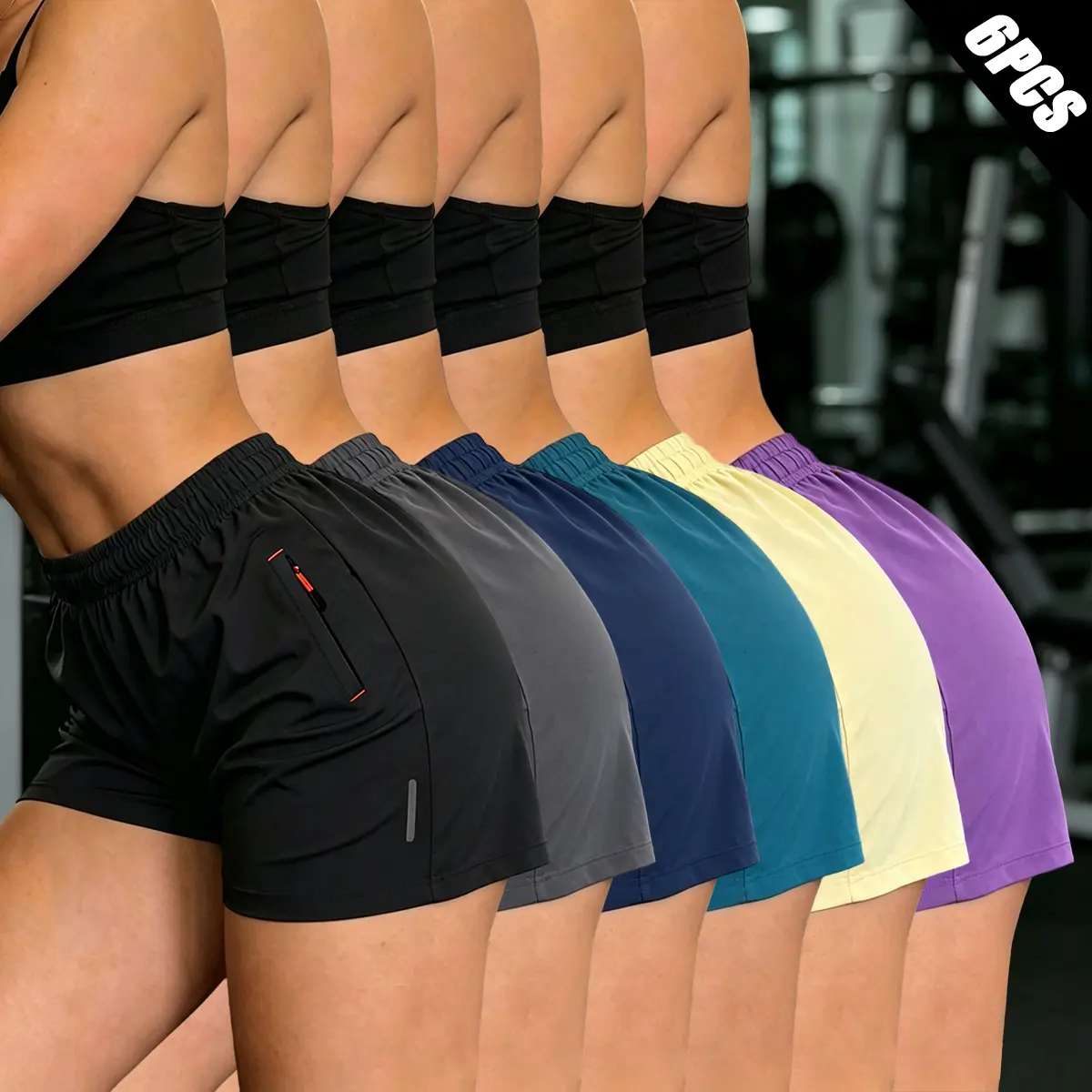 6-pack women’s quick-dry athletic shorts featuring an elastic waistband with zipper, side zippered pockets, anti-chafing design, lightweight breathable moisture-wicking fabric with reflective stripes, loose fit for gym, jogging, yoga, running training—no