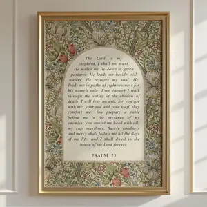 William Morris Bible Verse Print, Psalm 23 Scripture Wall Art, The Lord is my Shepherd, Floral Christian Wall Art Unframed