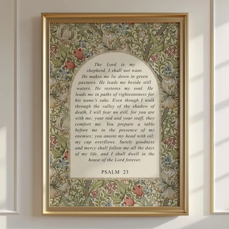 William Morris Bible Verse Print, Psalm 23 Scripture Wall Art, The Lord is my Shepherd, Floral Christian Wall Art Unframed