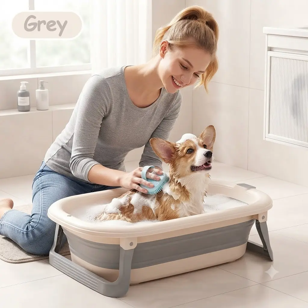 Medium-sized Foldable Portable Pet Bathtub with Rubber Material, Drain Plug, Universal Fit for Cats & Dogs, Space-Saving Hanging Design, Handle for Easy Storage, Durable Construction, Stylish Modern Style, All-Season Use