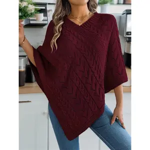 Women's Plain Batwing Sleeve Cable Knit Sweater, Casual Long Sleeve Open Front Knitwear for Fall & Winter, Women's Knit Clothing for Daily Wear