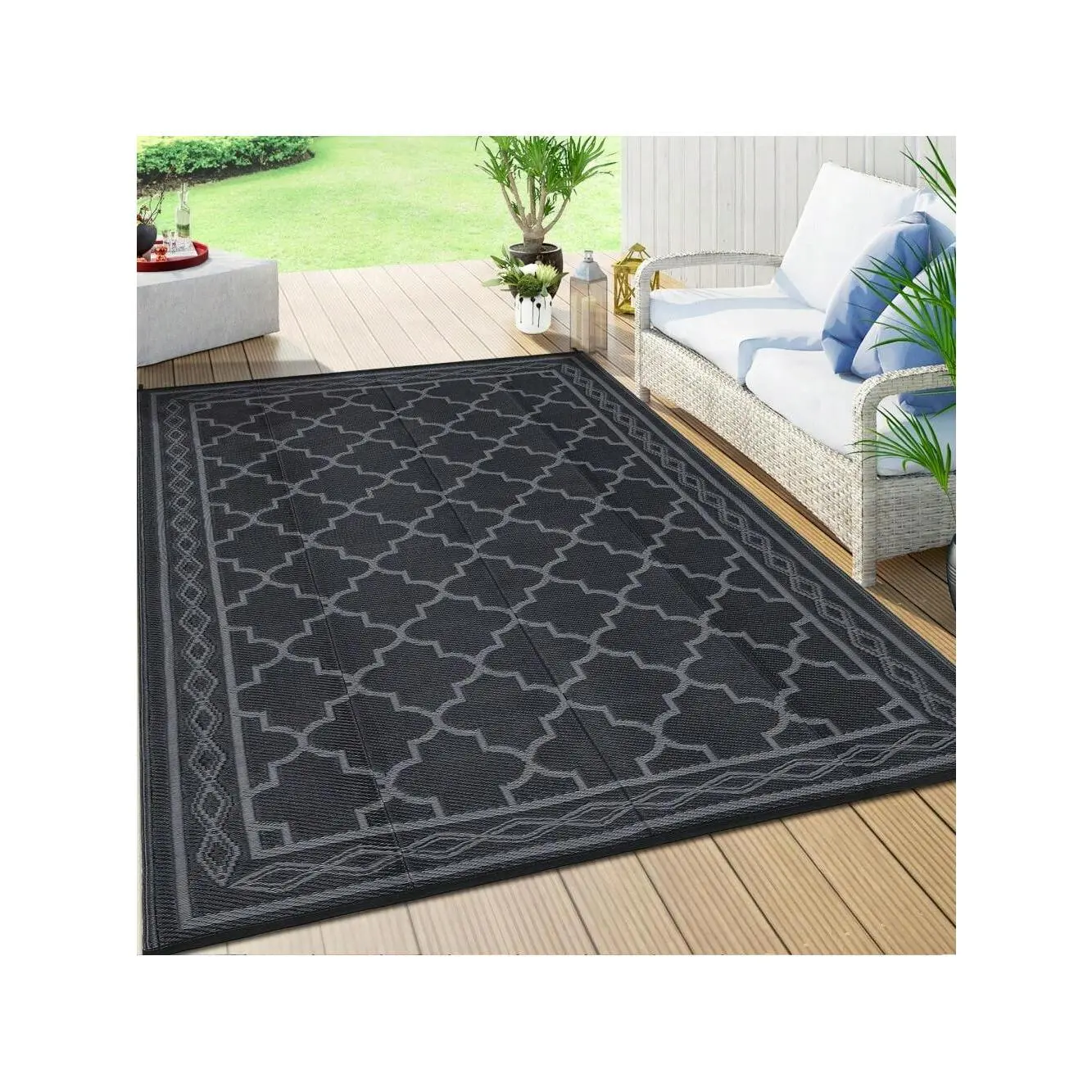 Black gray-9*12 feet  Waterproof Outdoor Area Rug Modern Plastic Straw Camping Stain Resistant Carpet Geometric Reversible Floor Mat UV-Resistant Light Weight Portable  Indoor Outdoor Area Rug For Backyard Deck Picnic Porch Beach RV Trip