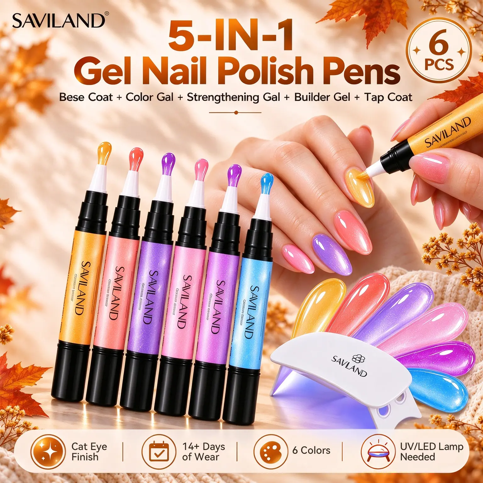 SAVILAND 5-in-1 Aurora Cat Eye Gel Nail Polish Pen - All-in-1 Base, Color & Top Coat, UV/LED Cured, Portable DIY Manicure Cosmetic with Smooth Brush, Durable Glossy Finish Nail Supplies