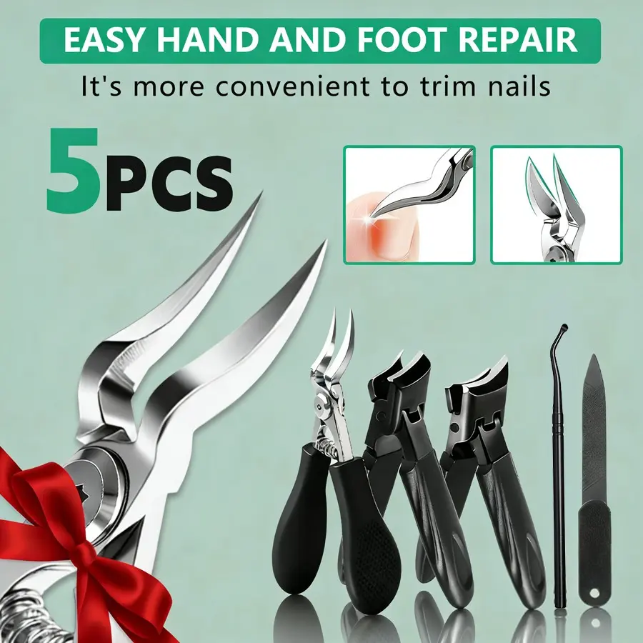 5Pcs Nail Care Kit For Ingrown & Thick Toenails - Heavy-Duty Clippers Set With Nail File, Cuticle Nippers, And Grooming Tools