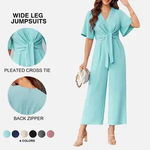 Imily Bela Womens Wide Leg Jumpsuits Short Sleeve Tie Knot Front Summer casual cute Long Romper