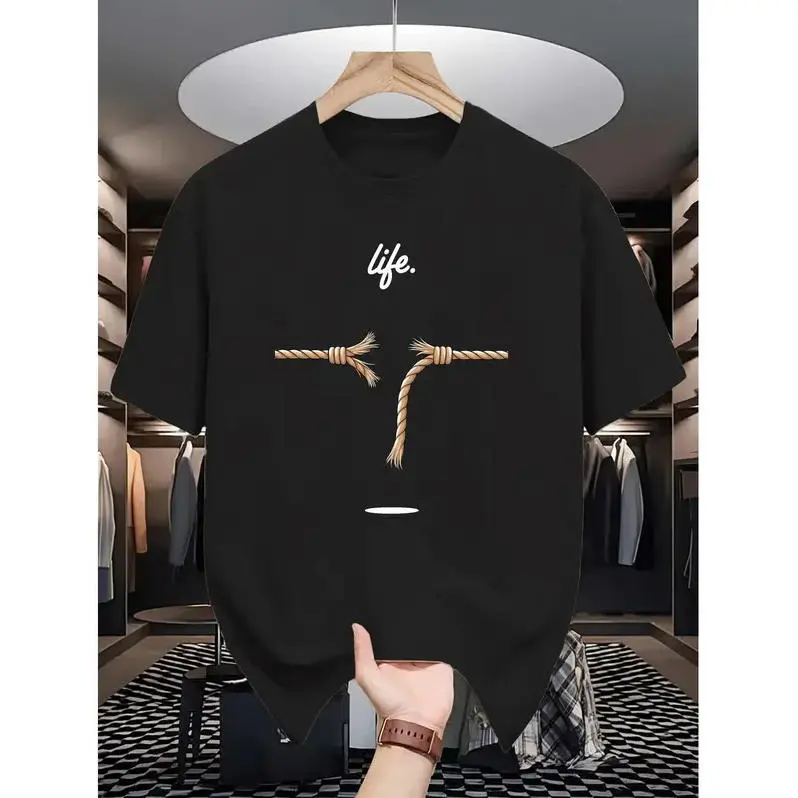 Men's Cotton Stylish Short-Sleeve Round Neck T-Shirt - Flexible Stretch Knit Fabric, Breathable Alphabet Print Tops for Summer Sports, Outdoor Wear