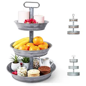 Plexon 3 Tiered Tray Stand – Metal Serving Tower, Round Seafood Stand, Slanted Side or Copper Trim Design, Galvanized Steel Farmhouse Stand for Fruit, Appetizers & Centerpiece