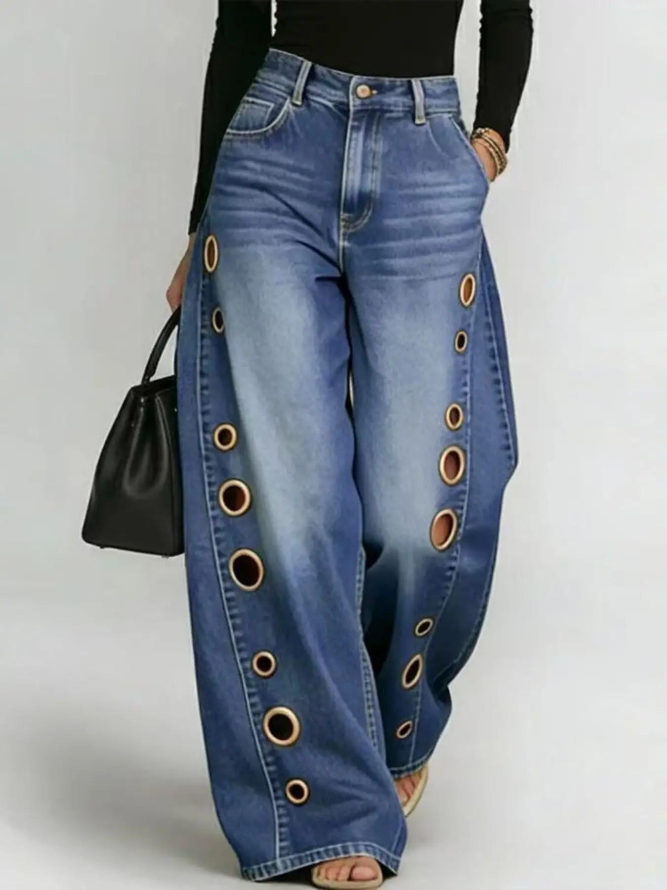D8773 2026 Spring/Summer Women's Solid-Color Loose Jeans Pants with Asymmetrical Metal Eyelet Detail